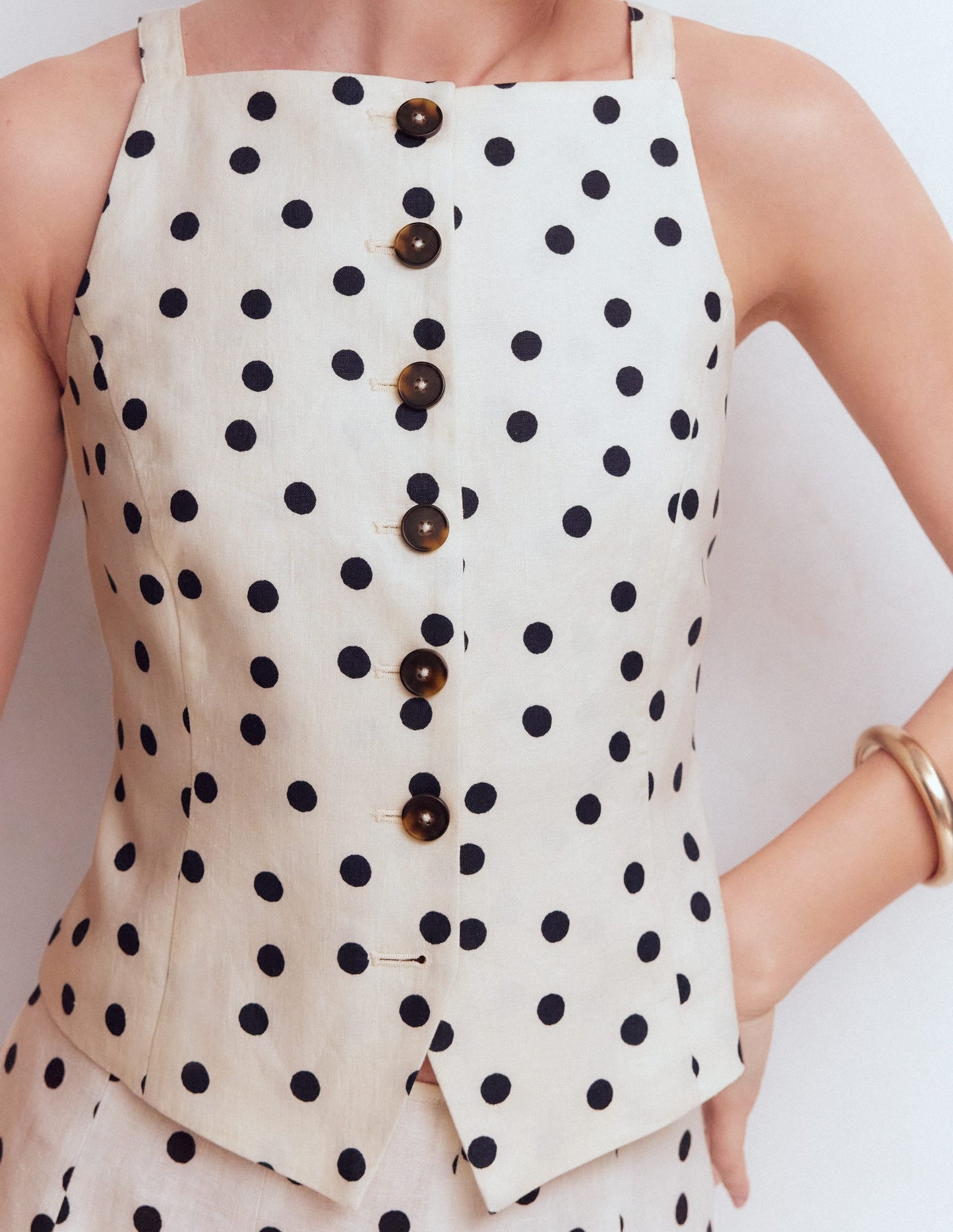 Square Neck Linen Waistcoat-Ivory, Painted Dot Spaced
