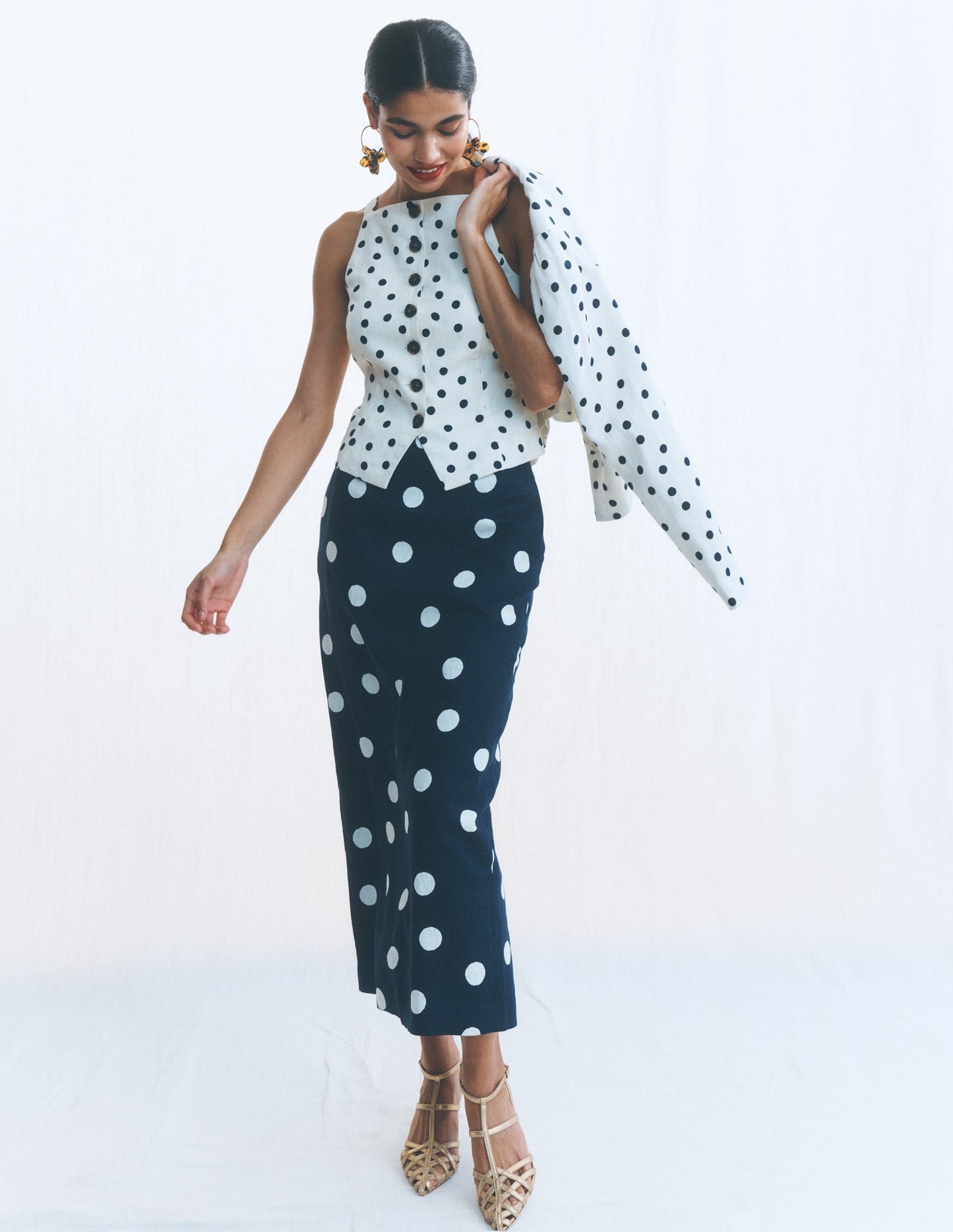 Square Neck Linen Waistcoat-Ivory, Painted Dot Spaced