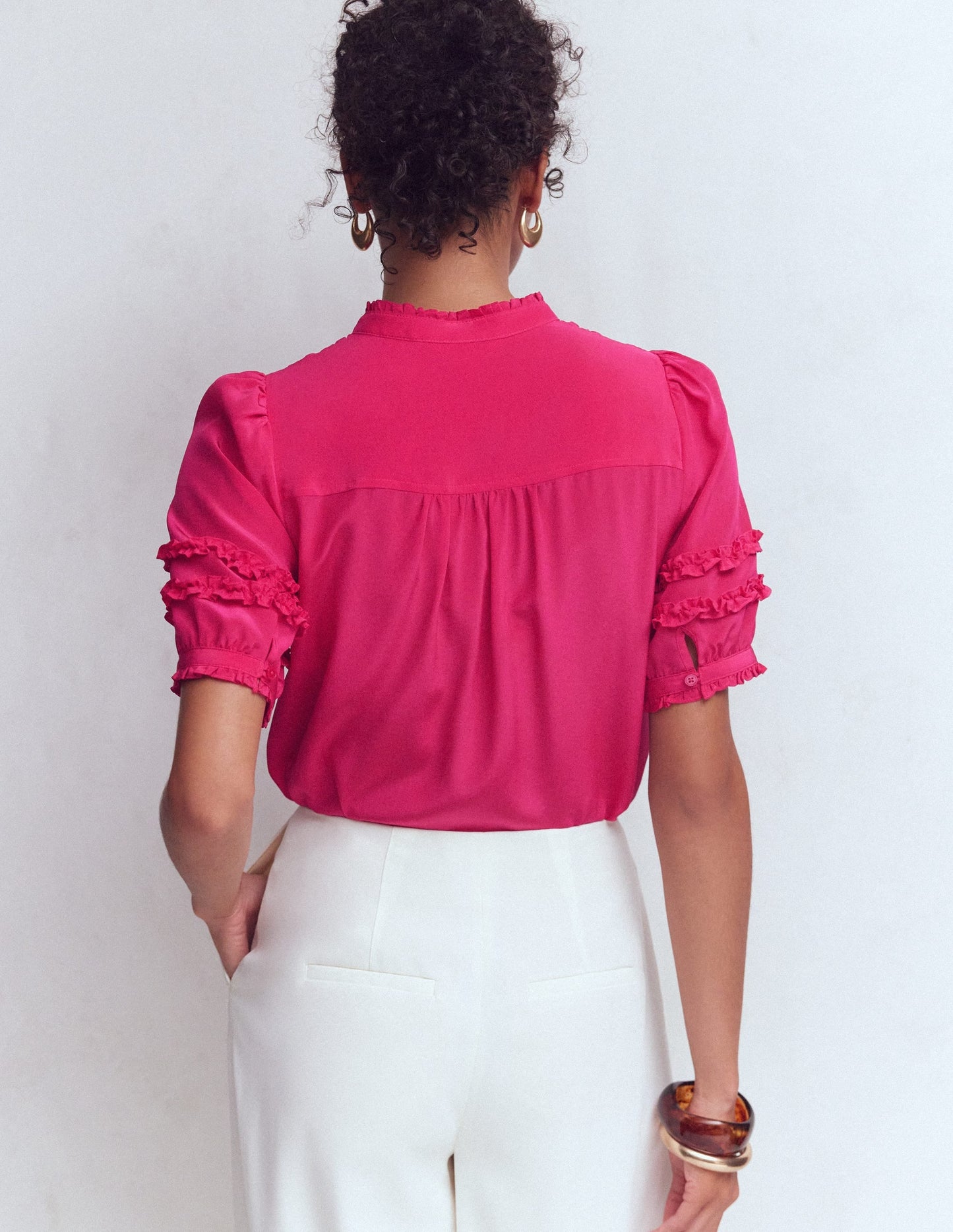 Short Sleeve Silk Ruffle Top-Vibrant Pink
