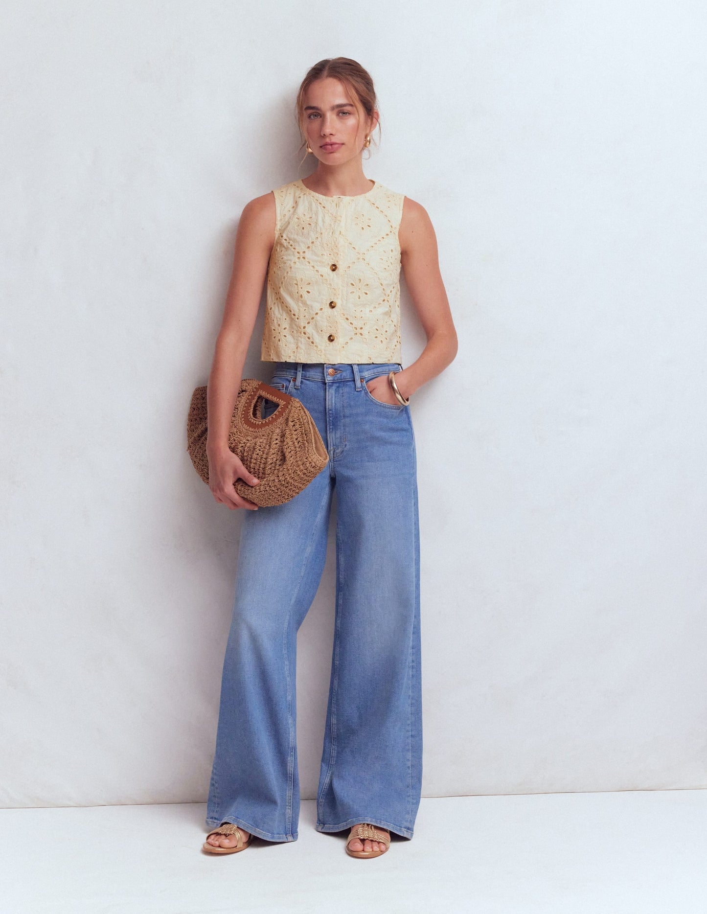 Andrea Cotton Shell Top-Ivory broderie
