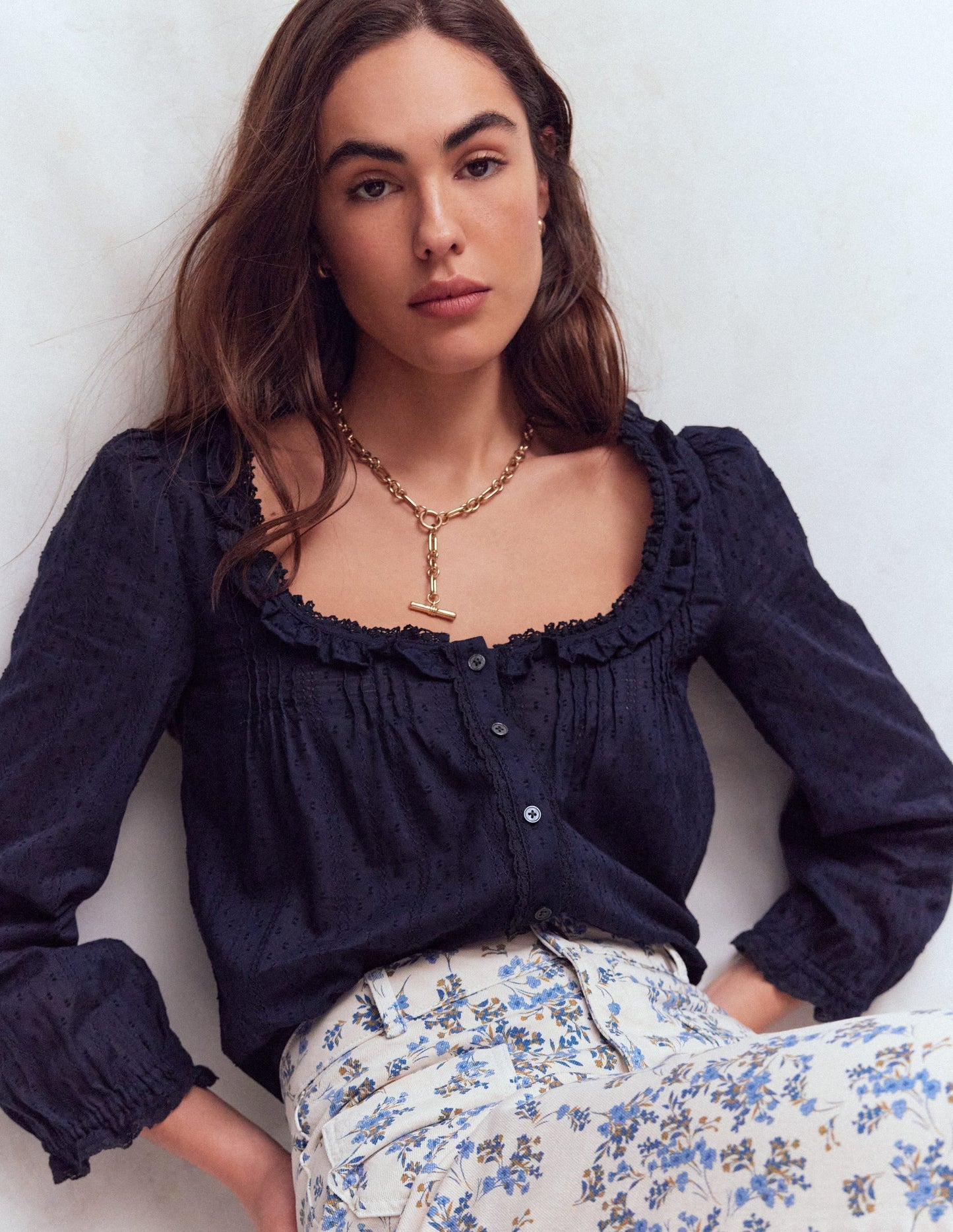 Scoop Neck Ruffle Top-Navy