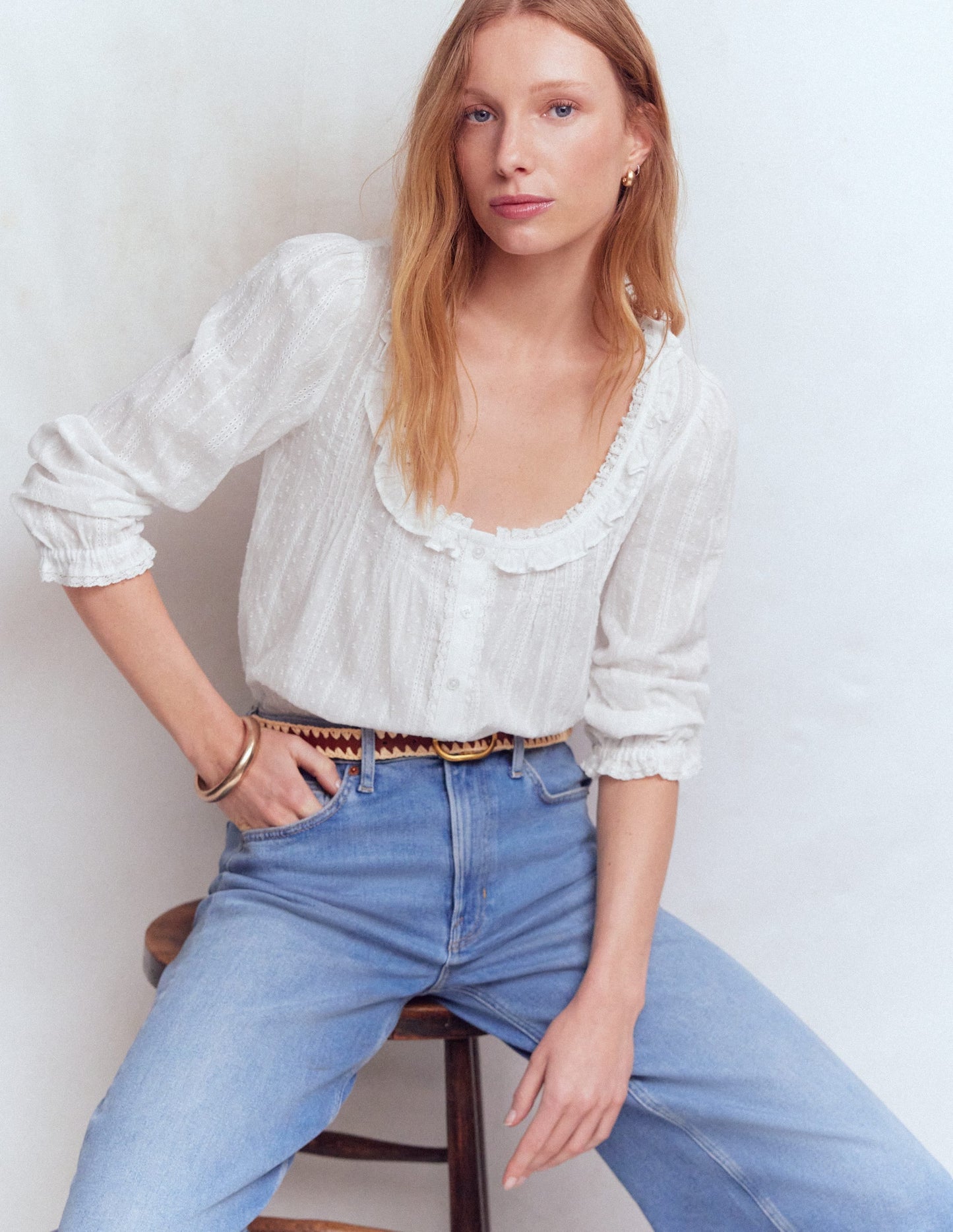 Scoop Neck Ruffle Top-White