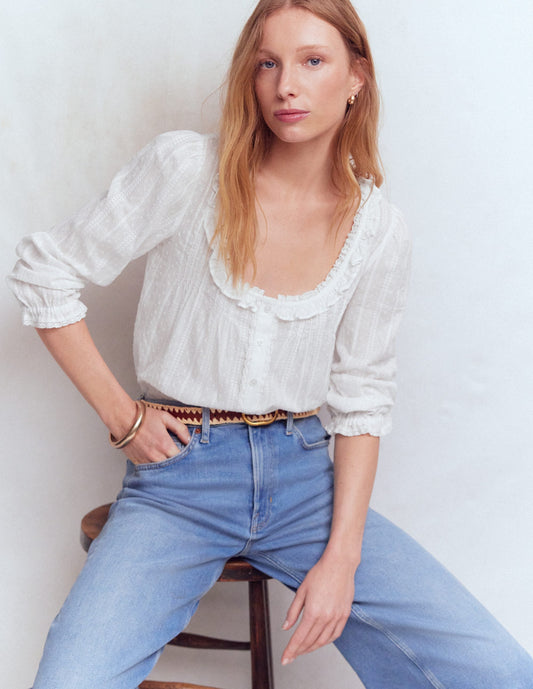 Scoop Neck Ruffle Top-White