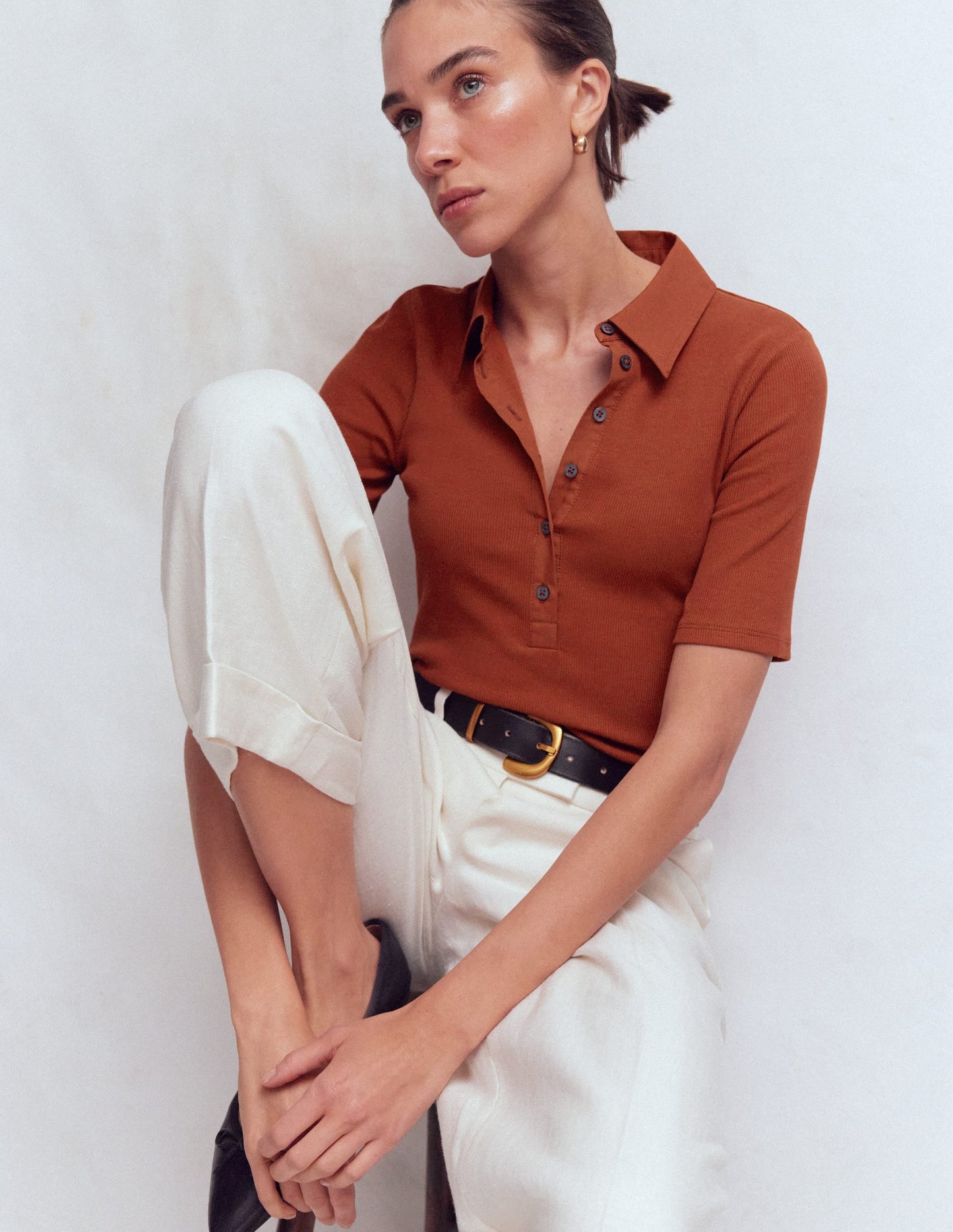 Collared Ribbed Henley Top-Burnt Orange