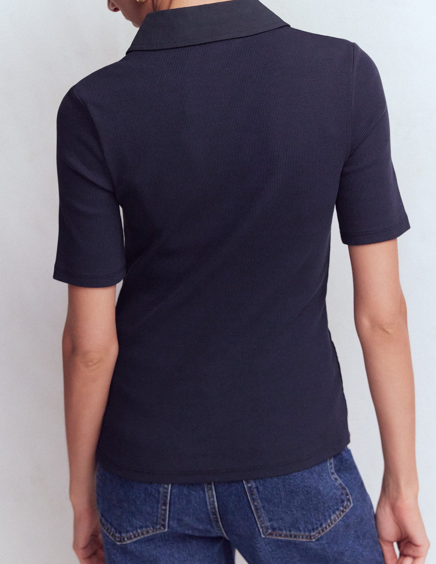 Collared Ribbed Henley Top-Navy