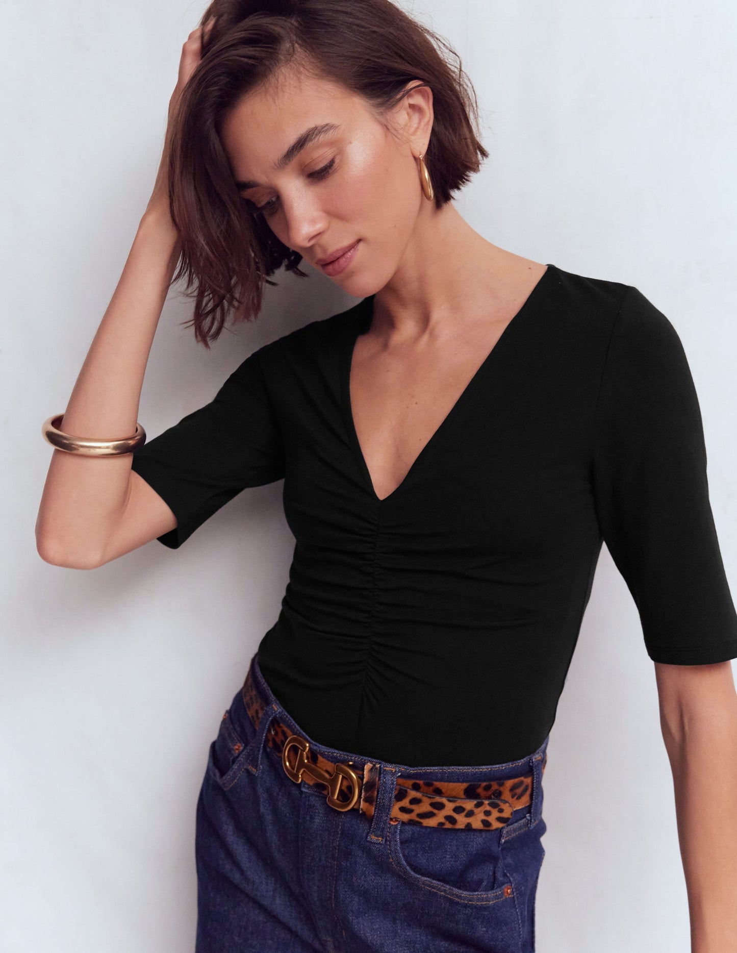 Tia Ruched V-neck Top-Black