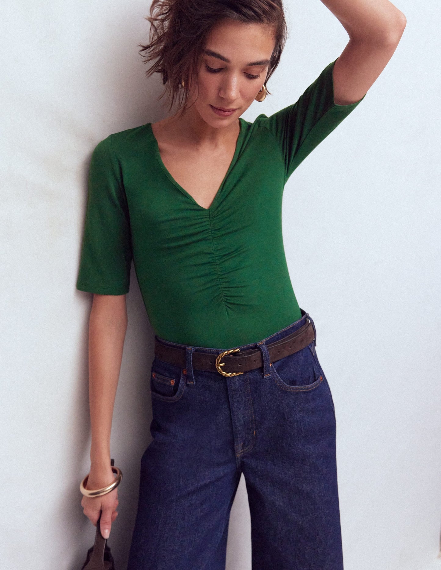 Tia Ruched V-neck Top-Hunter Green