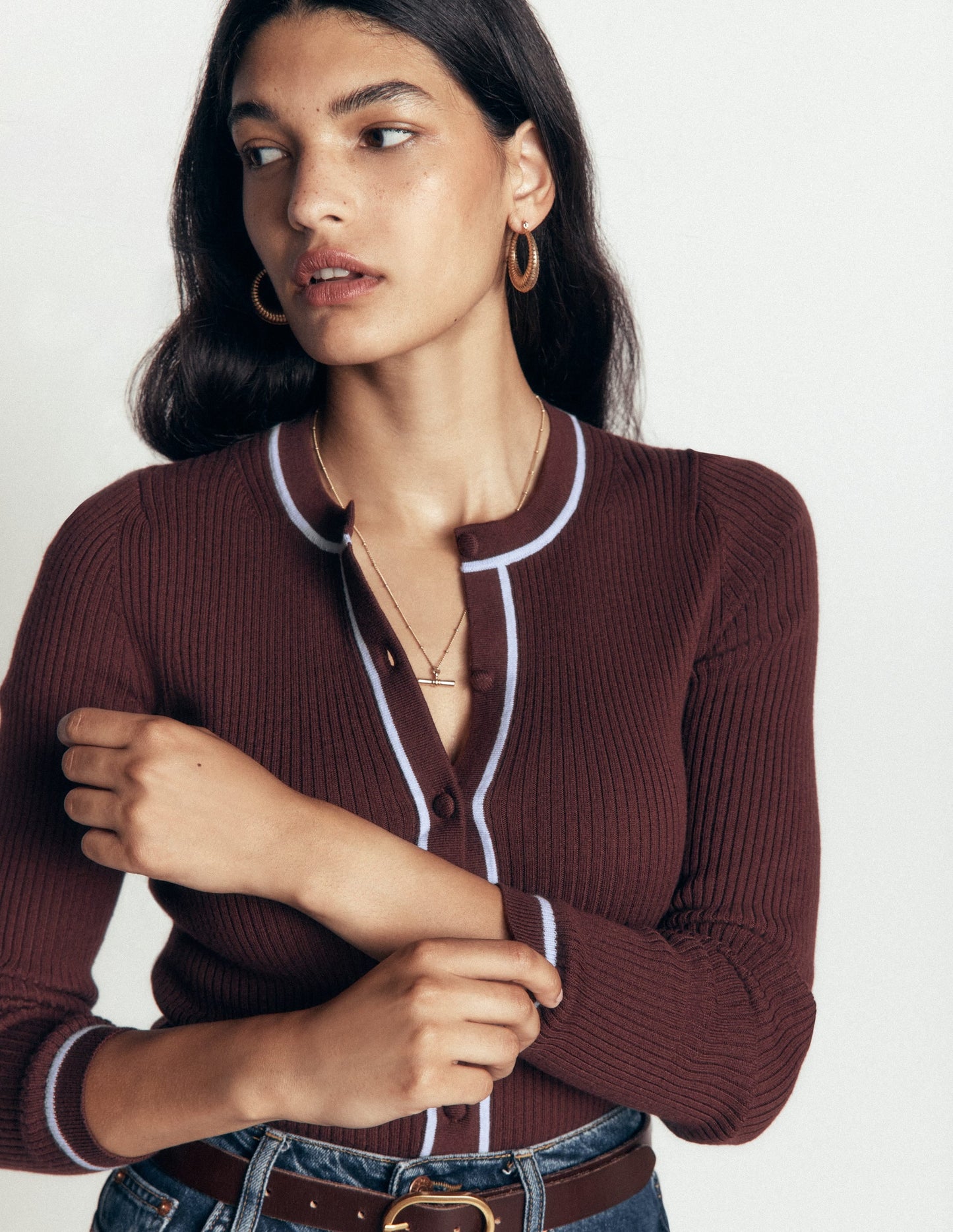 Paula Ribbed Crew Cardigan-Bitter Chocolate