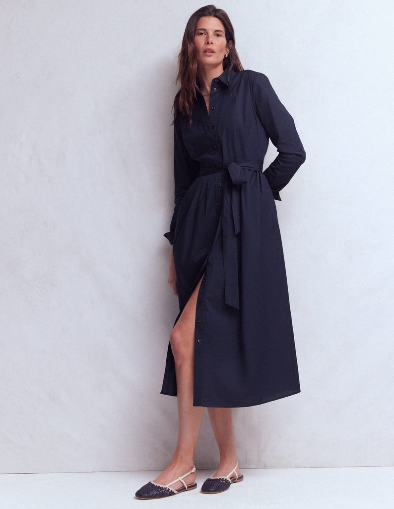Alexa Cotton Midi Shirt Dress-Navy