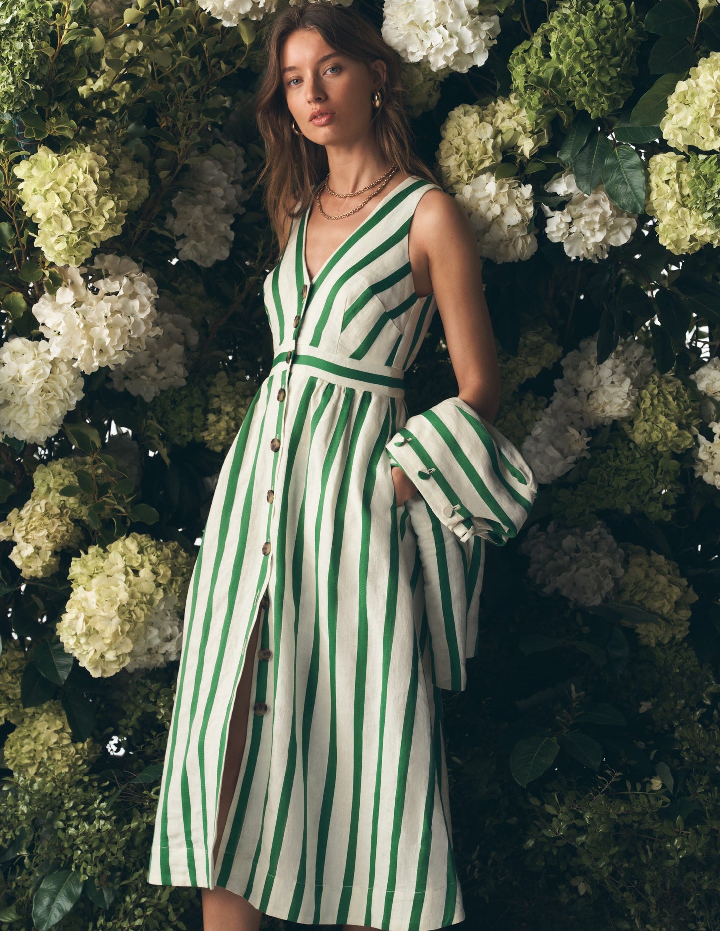 Catherine Button Linen Dress-Ivory and Green Satin Stripe