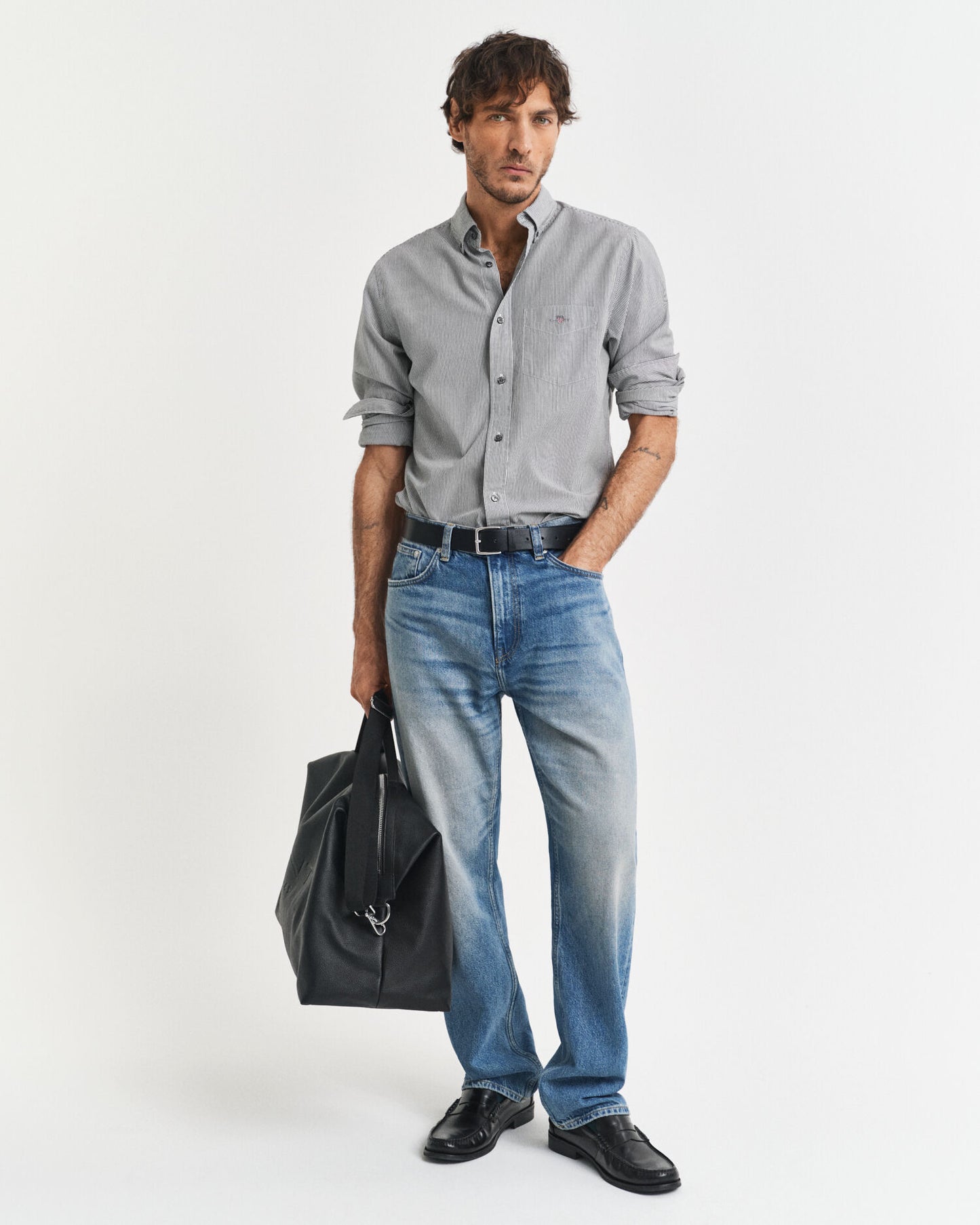 Chemise en popeline à rayures banquier classiques coupe droite