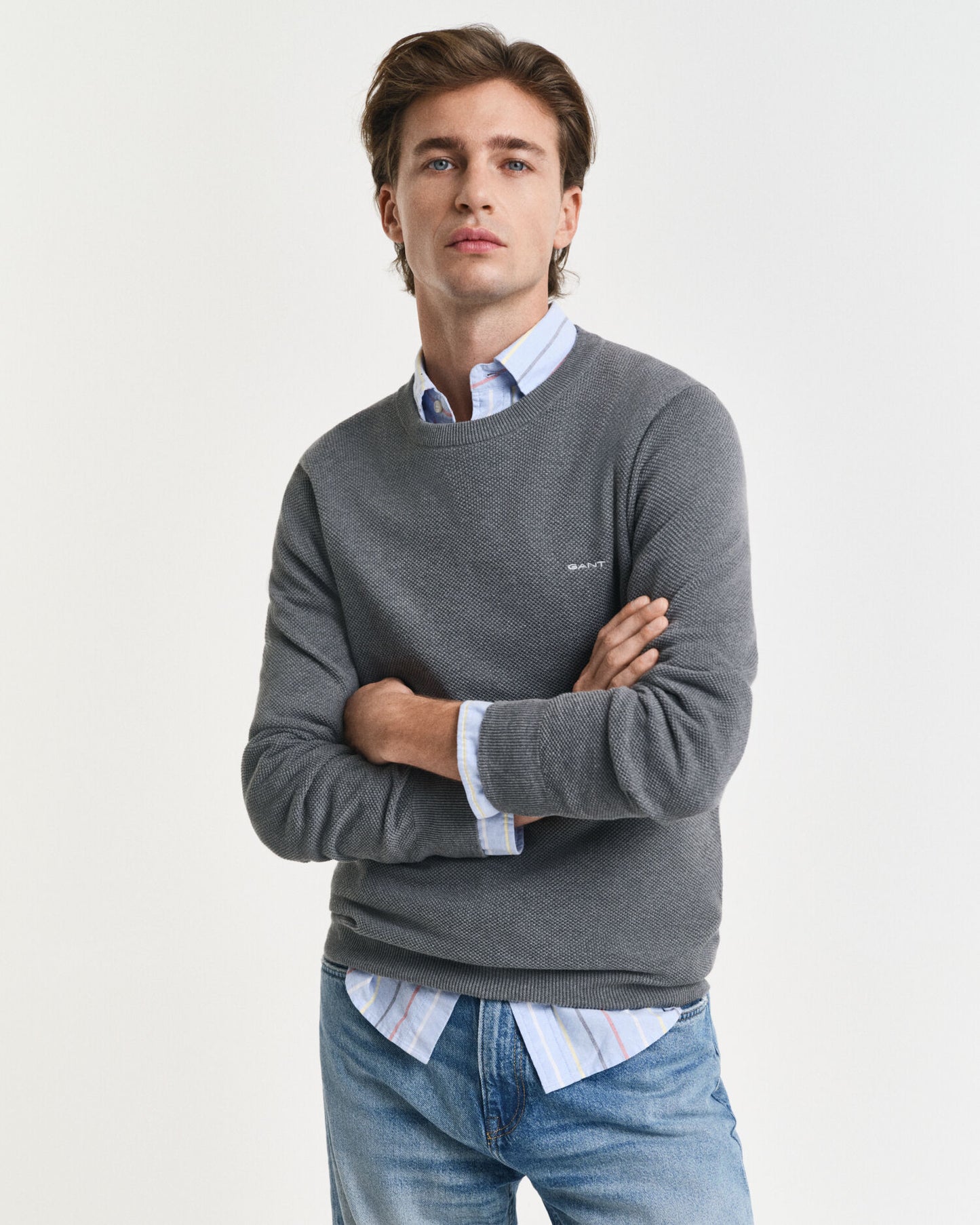 Baumwoll-Piqué-Pullover mit Rundhalsausschnitt