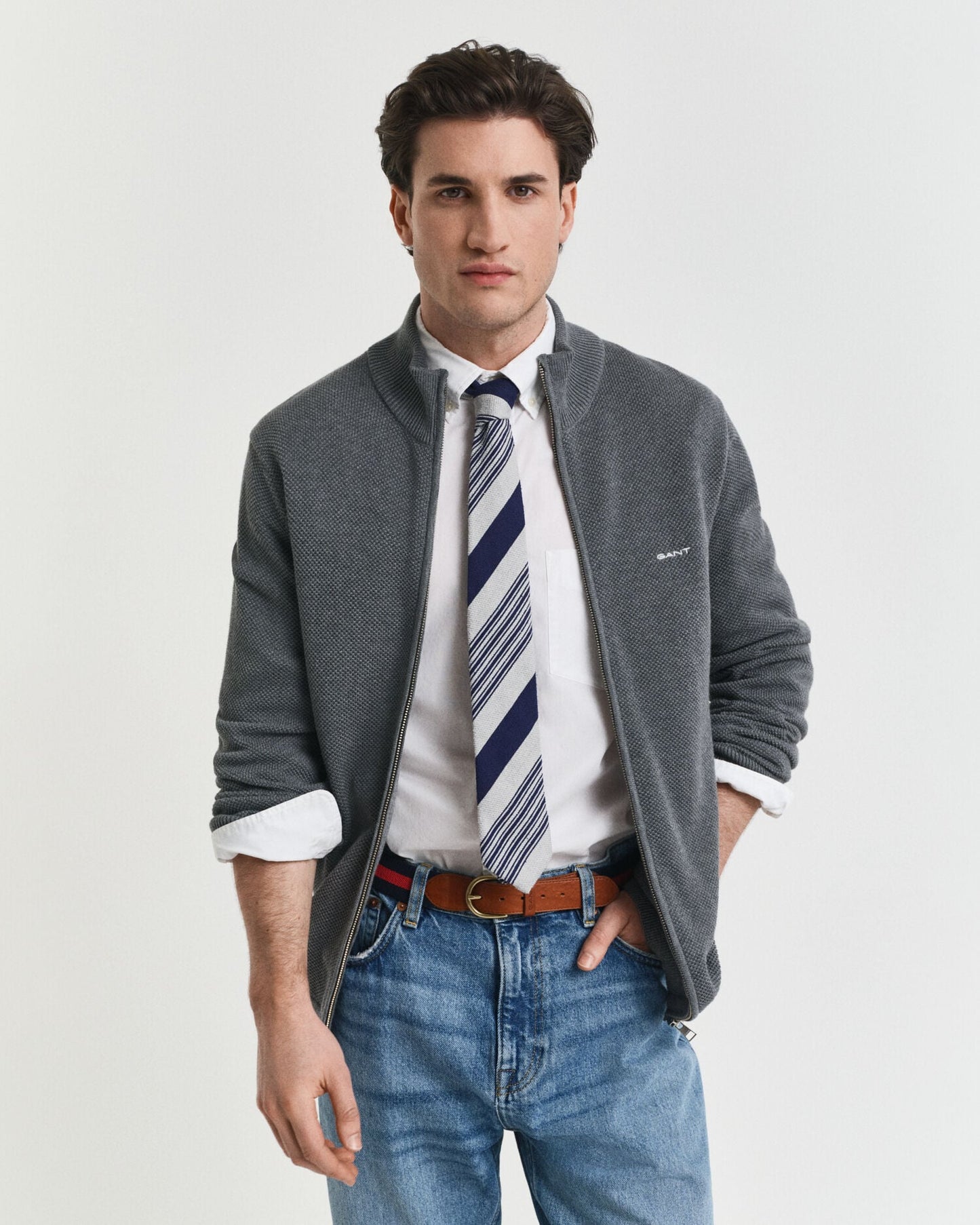Baumwoll-Piqué-Strickjacke mit Reißverschluss