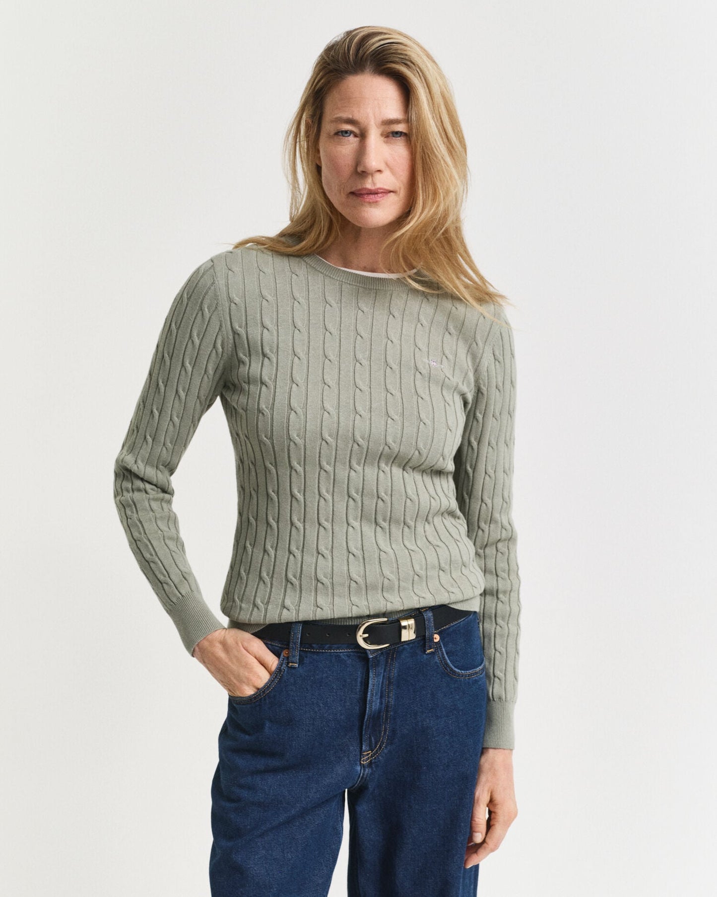 Pullover aus Stretch-Baumwolle mit Zopfmuster und Rundhalsausschnitt