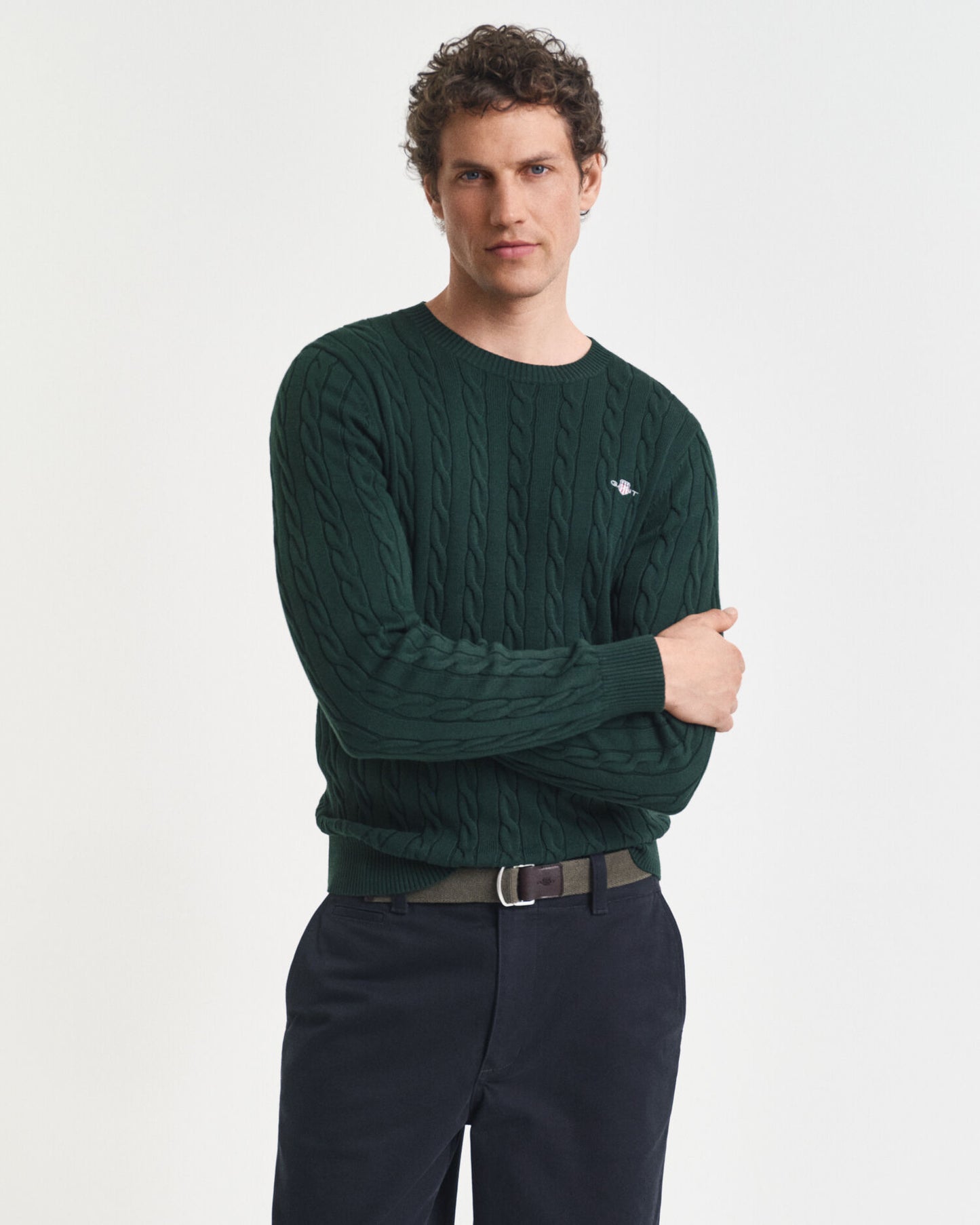 Baumwoll-Zopfstrickpullover mit Rundhalsausschnitt