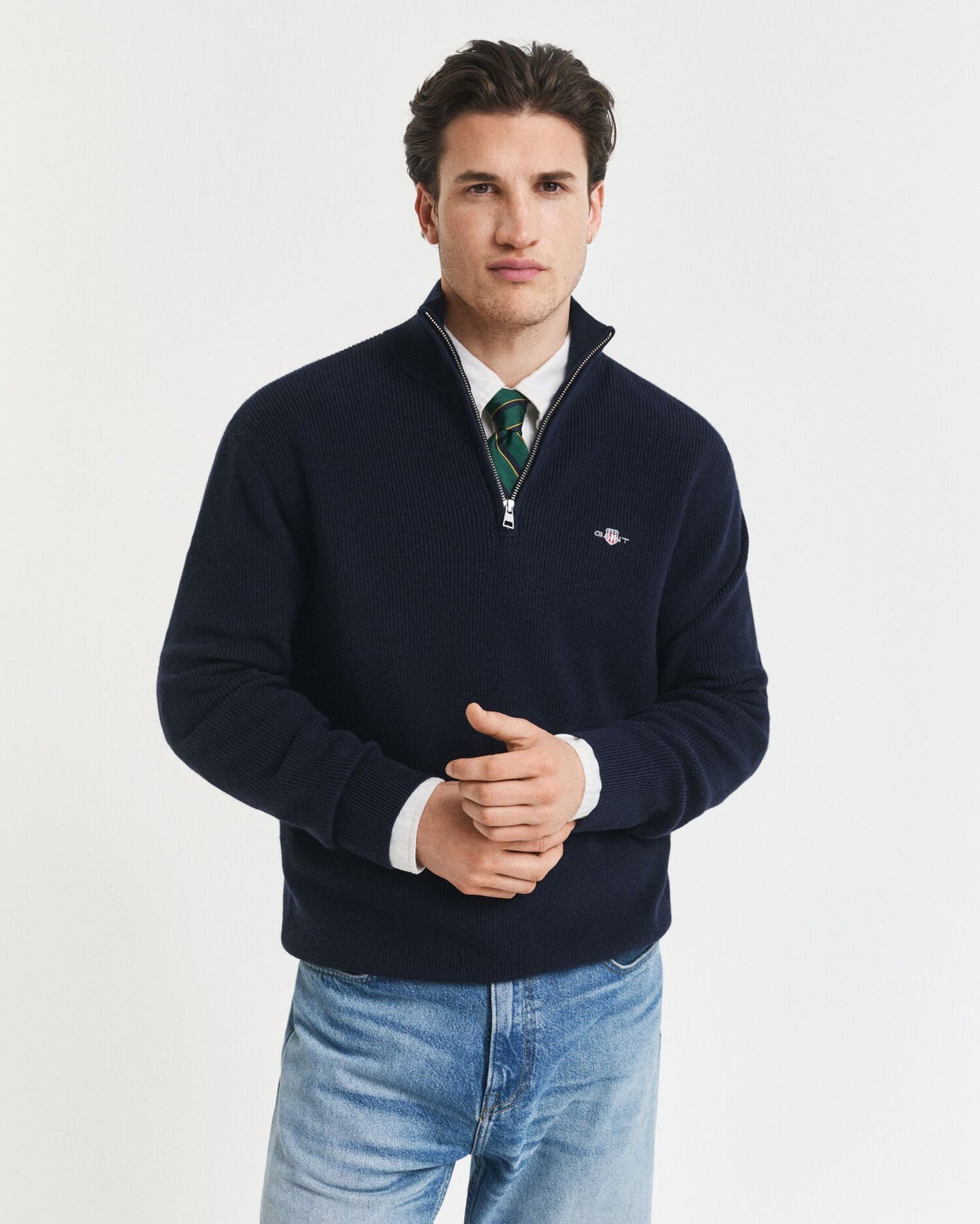 Rippstrick-Pullover aus Baumwoll-Merinowolle mit halbem Reißverschluss