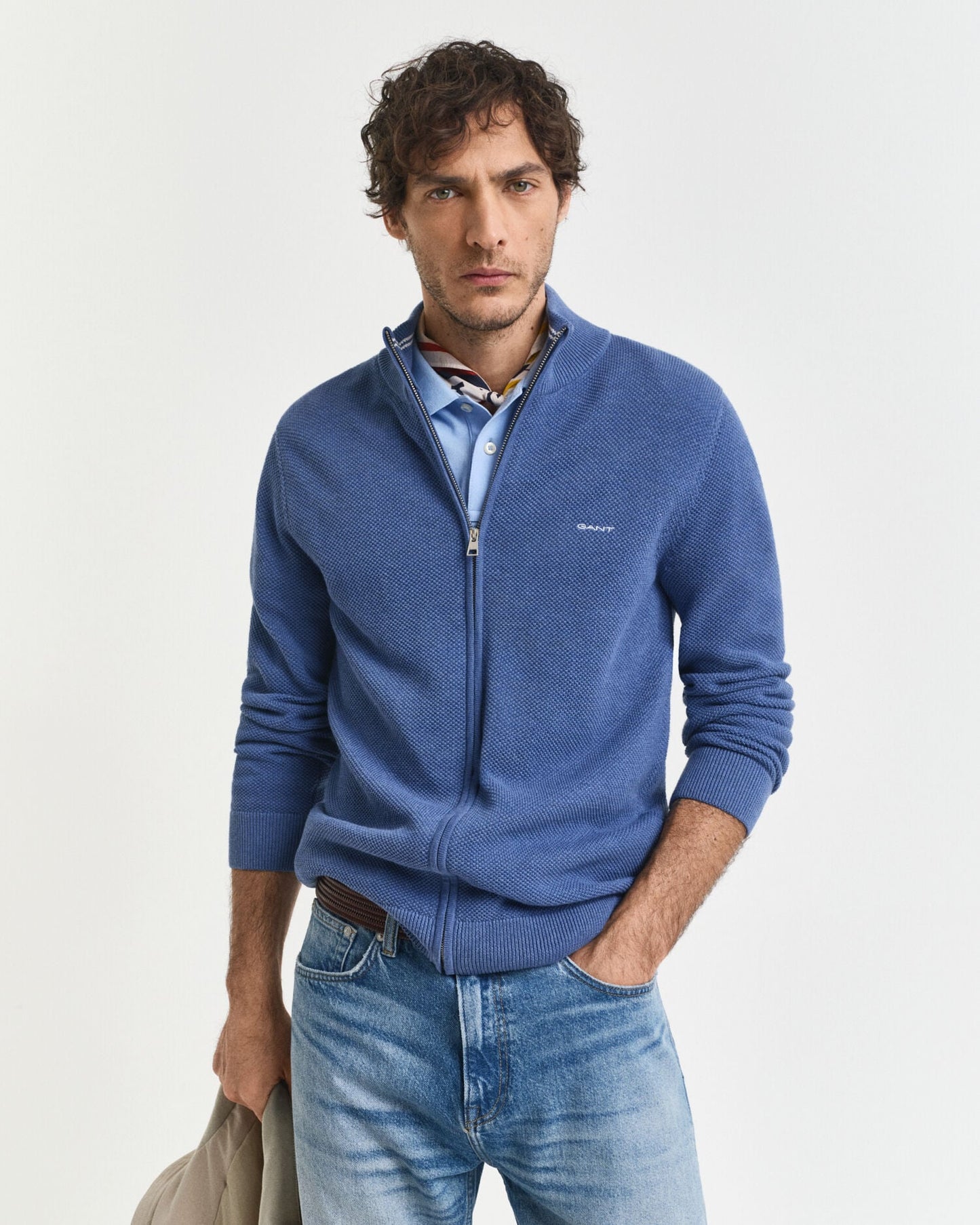 Baumwoll-Piqué-Strickjacke mit Reißverschluss